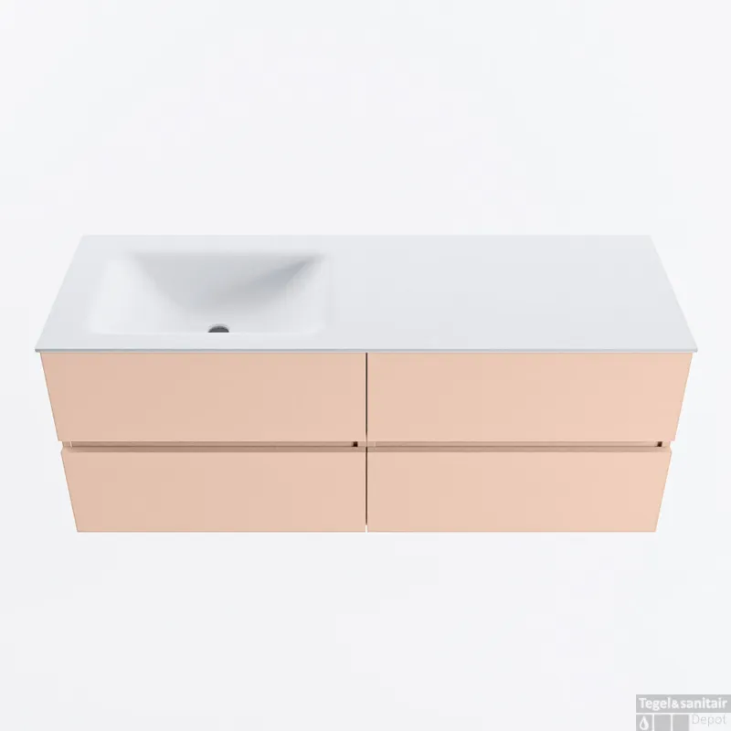 Uitverkoop MONDIAZ VICA 130cm badmeubel onderkast Rosee 4 lades. Wastafel CLOUD links zonder kraangat, kleur Talc.
