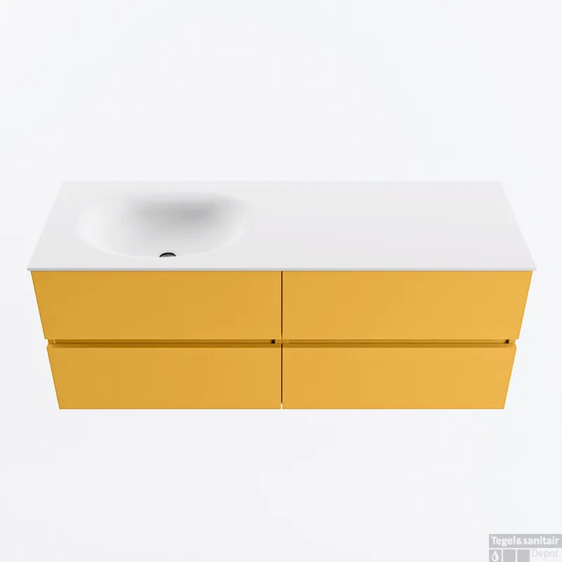 Direct Verzonden MONDIAZ VICA 130cm badmeubel onderkast Ocher 4 lades. Wastafel MOON links zonder kraangat, kleur Talc.