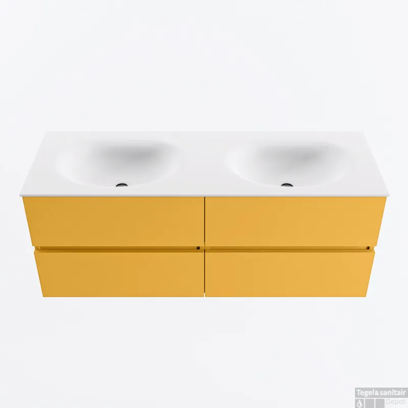 Aanbieding MONDIAZ VICA 130cm badmeubel onderkast Ocher 4 lades. Wastafel MOON dubbel zonder kraangat, kleur Talc.