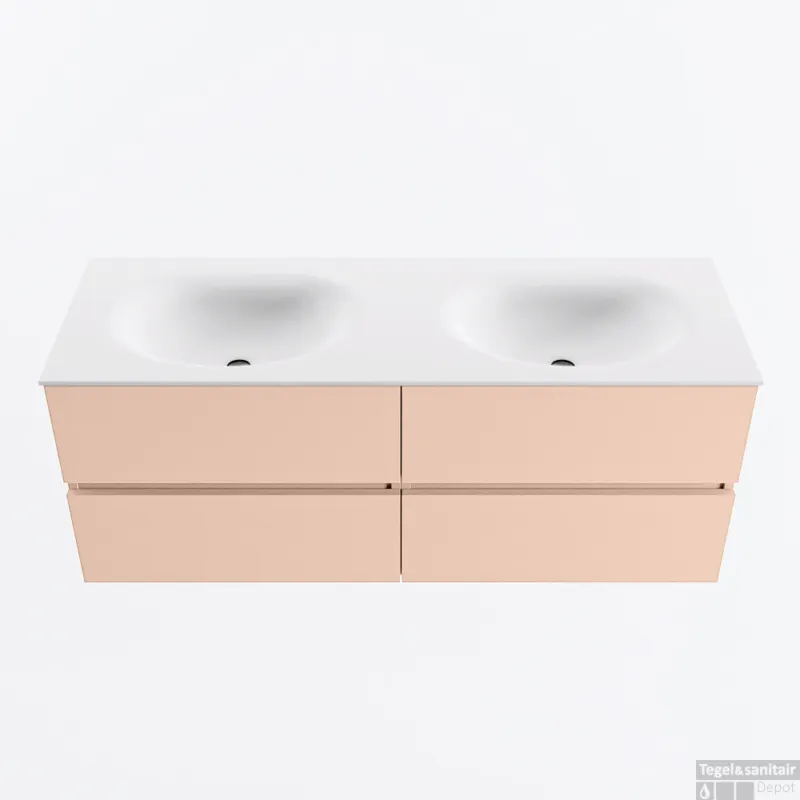 Voordeelprijs MONDIAZ VICA 130cm badmeubel onderkast Rosee 4 lades. Wastafel MOON dubbel 2 kraangaten, kleur Talc.