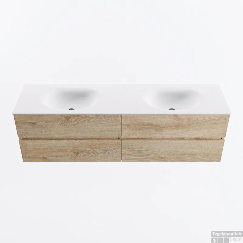 Direct Verzonden MONDIAZ VICA 170cm badmeubel onderkast Washed Oak 4 lades. Wastafel MOON dubbel 2 kraangaten, kleur Talc.