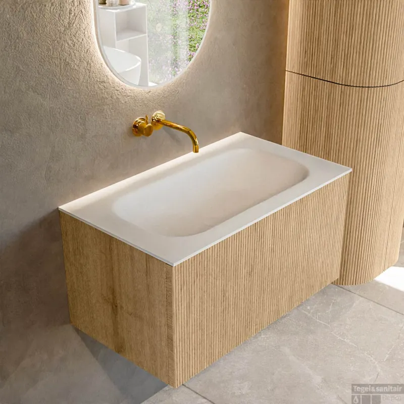 Mondiaz KURVE 80 cm Onderkast Greeploos 1 Lade Zonder Deuren Oak, Wastafel Solid Surface Volledig Talc 0 Kraangaten Zonder Spiegel (KRVBGS801L0D0KM-Oak/Tal) Op = Op