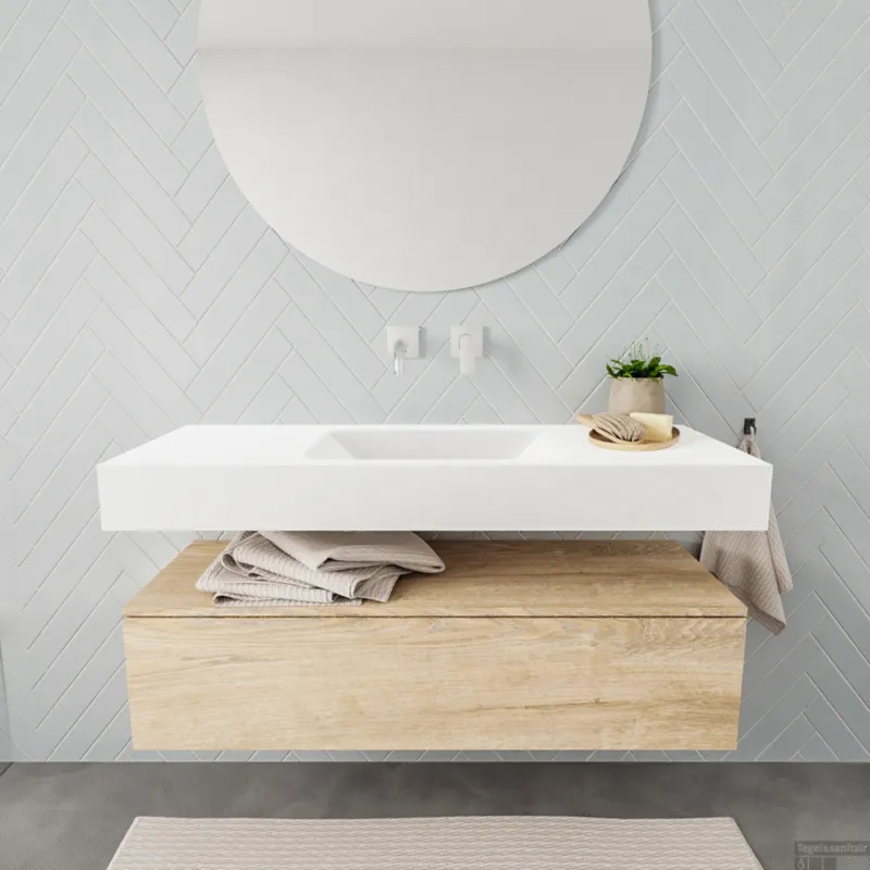 Badkamermeubel BWS Ibiza 120 cm Washed Oak Solid Surface Wastafel Mat Wit (acht varianten) Direct Verzonden