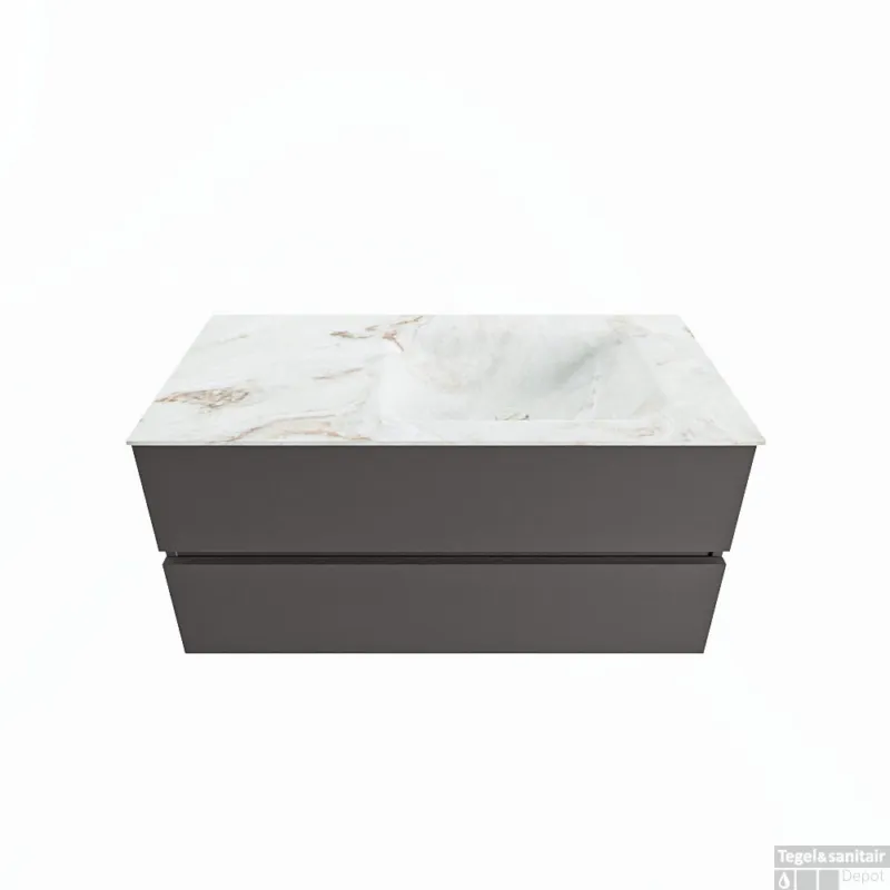 MONDIAZ VICA-DLUX 100cm badmeubel onderkast Dark grey 2 lades. Inbouw wastafel CLOUD rechts zonder kraangat, kleur Frappe. Laatste Versie