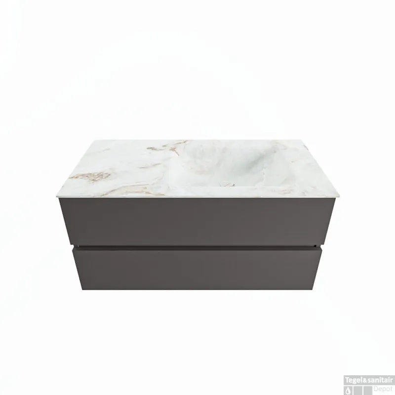 MONDIAZ VICA-DLUX 100cm badmeubel onderkast Dark grey 2 lades. Inbouw wastafel CLOUD rechts 1 kraangat, kleur Frappe. Merkproduct
