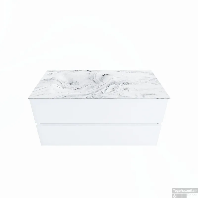 Bestseller MONDIAZ VICA-DLUX 100cm badmeubel onderkast Talc 2 lades. Inbouw wastafel CLOUD links 1 kraangat, kleur Glace.