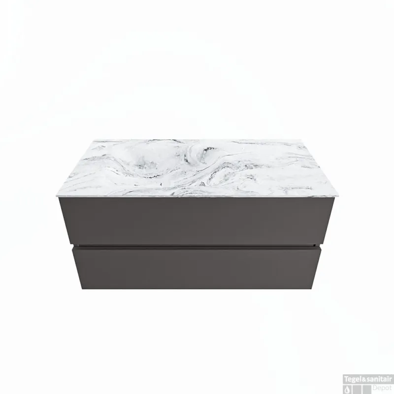 MONDIAZ VICA-DLUX 100cm badmeubel onderkast Dark grey 2 lades. Inbouw wastafel CLOUD links zonder kraangat, kleur Glace. Gratis Retour