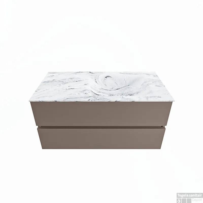 Merkproduct MONDIAZ VICA-DLUX 100cm badmeubel onderkast Smoke 2 lades. Inbouw wastafel CLOUD rechts zonder kraangat, kleur Glace.