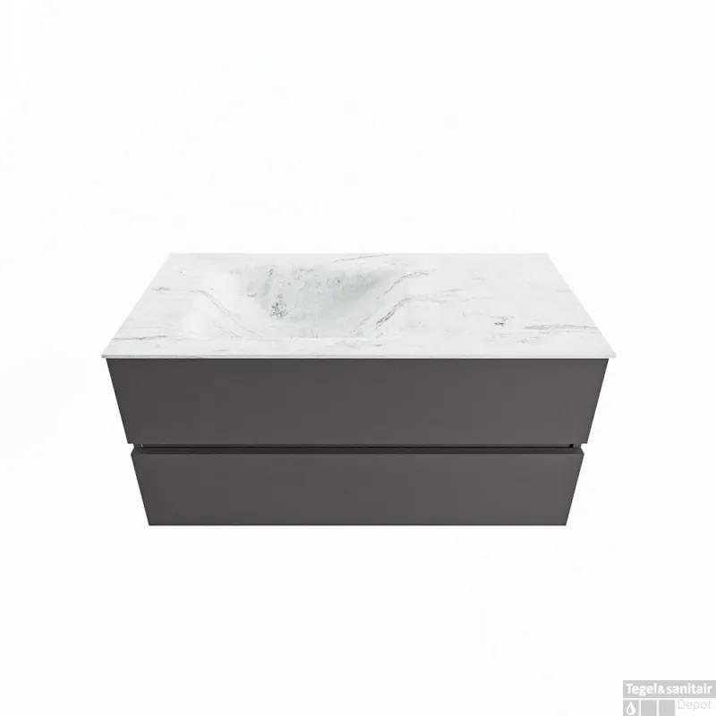 MONDIAZ VICA-DLUX 100cm badmeubel onderkast Dark grey 2 lades. Inbouw wastafel CLOUD links zonder kraangat, kleur Opalo. Gereduceerde Prijs