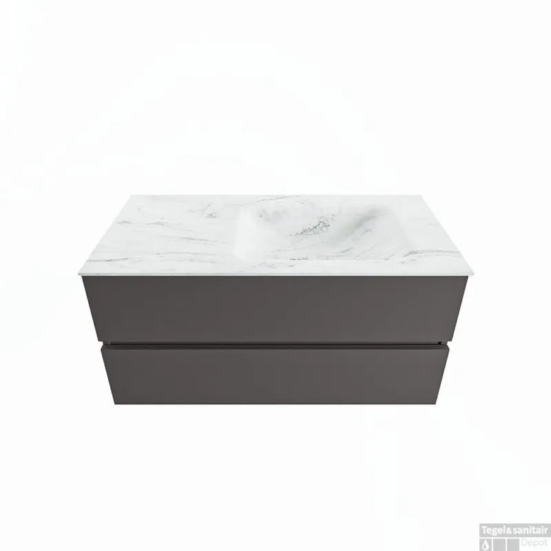 MONDIAZ VICA-DLUX 100cm badmeubel onderkast Dark grey 2 lades. Inbouw wastafel CLOUD rechts 1 kraangat, kleur Opalo. Dagaanbieding