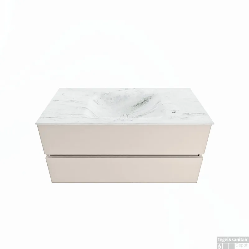 MONDIAZ VICA-DLUX 100cm badmeubel onderkast Linen 2 lades. Inbouw wastafel CLOUD midden zonder kraangat, kleur Opalo. Fabrieksprijs