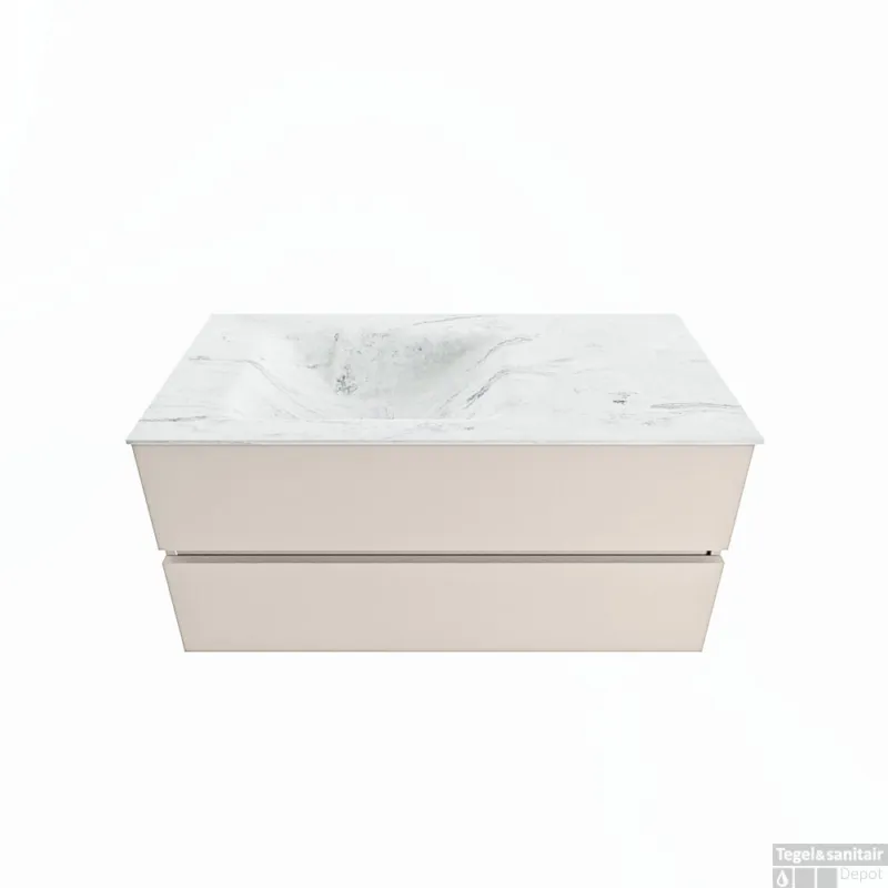 Uitverkoop MONDIAZ VICA-DLUX 100cm badmeubel onderkast Linen 2 lades. Inbouw wastafel CLOUD links 1 kraangat, kleur Opalo.