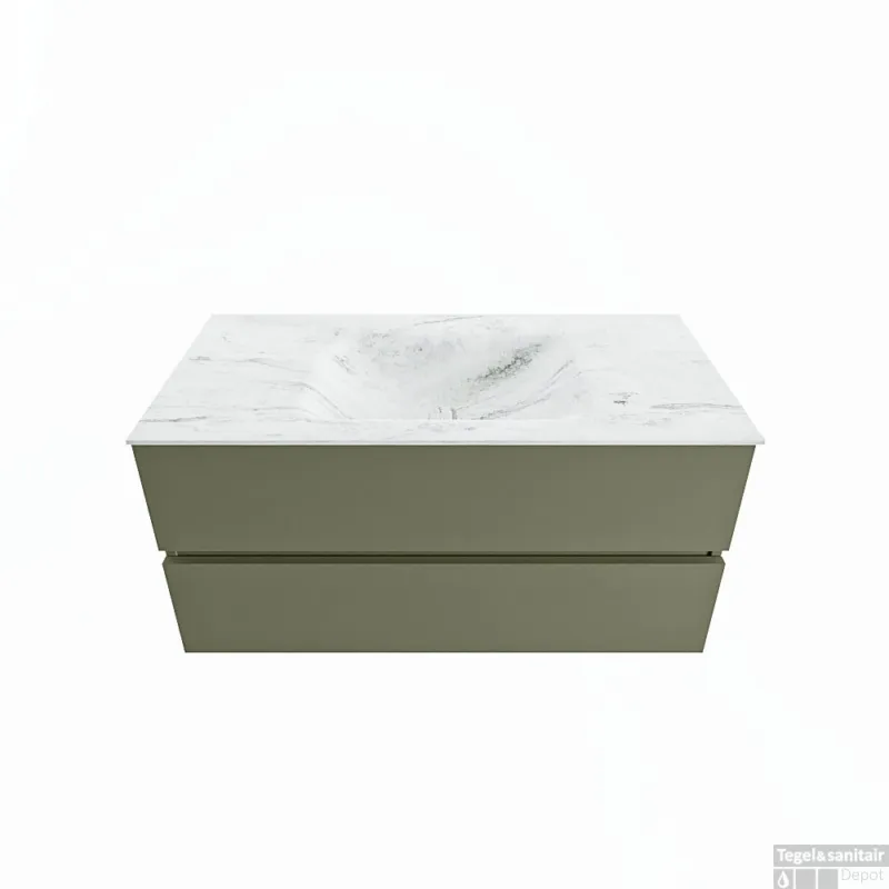 Beperkte Voorraad MONDIAZ VICA-DLUX 100cm badmeubel onderkast Army 2 lades. Inbouw wastafel CLOUD midden zonder kraangat, kleur Opalo.