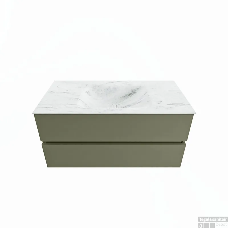 Goedkoop MONDIAZ VICA-DLUX 100cm badmeubel onderkast Army 2 lades. Inbouw wastafel CLOUD midden 1 kraangat, kleur Opalo.