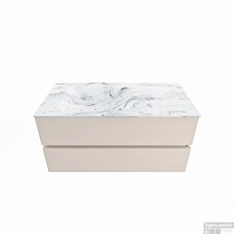 Hete Deal MONDIAZ VICA-DLUX 100cm badmeubel onderkast Linen 2 lades. Inbouw wastafel CLOUD links zonder kraangat, kleur Glace.
