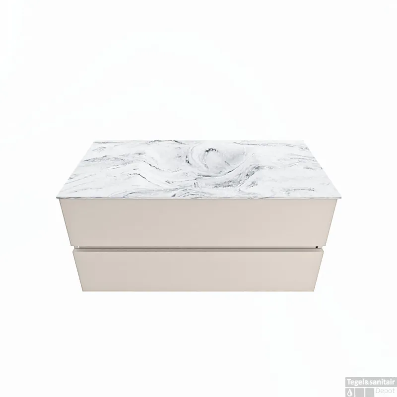 Merkproduct MONDIAZ VICA-DLUX 100cm badmeubel onderkast Linen 2 lades. Inbouw wastafel CLOUD midden 1 kraangat, kleur Glace.