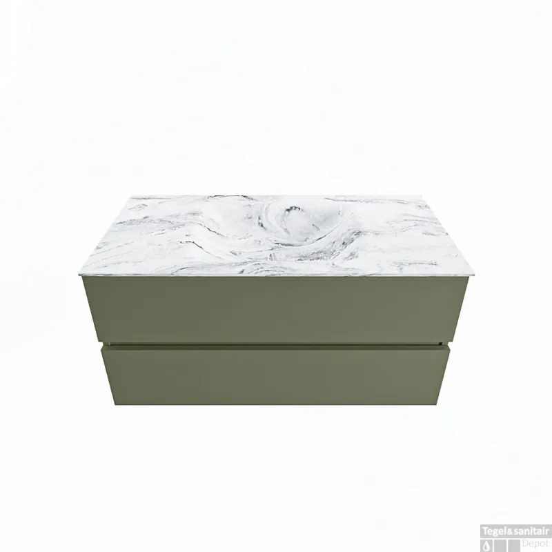 Hete Deal MONDIAZ VICA-DLUX 100cm badmeubel onderkast Army 2 lades. Inbouw wastafel CLOUD midden 1 kraangat, kleur Glace.