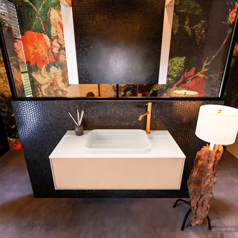 Badkamermeubelset Mondiaz Erin 100 cm met 1 Lade met RIDGE Wastafel Midden Linen met 1 kraangat Greeploos Mat Rosee Seizoensaanbieding