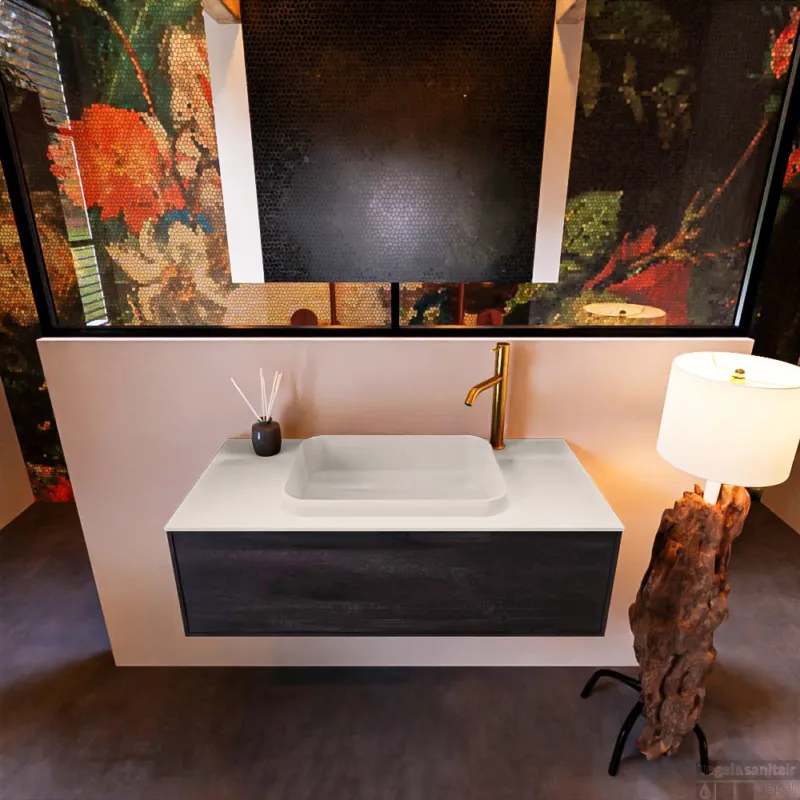Badkamermeubelset Mondiaz Erin 100 cm met 1 Lade met RIDGE Wastafel Midden Linen met 1 kraangat Greeploos Mat Dark Brown Favoriet