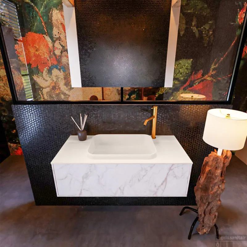 Badkamermeubelset Mondiaz Erin 100 cm met 1 Lade met RIDGE Wastafel Midden Linen met 1 kraangat Greeploos Mat Carrara Lage Prijs
