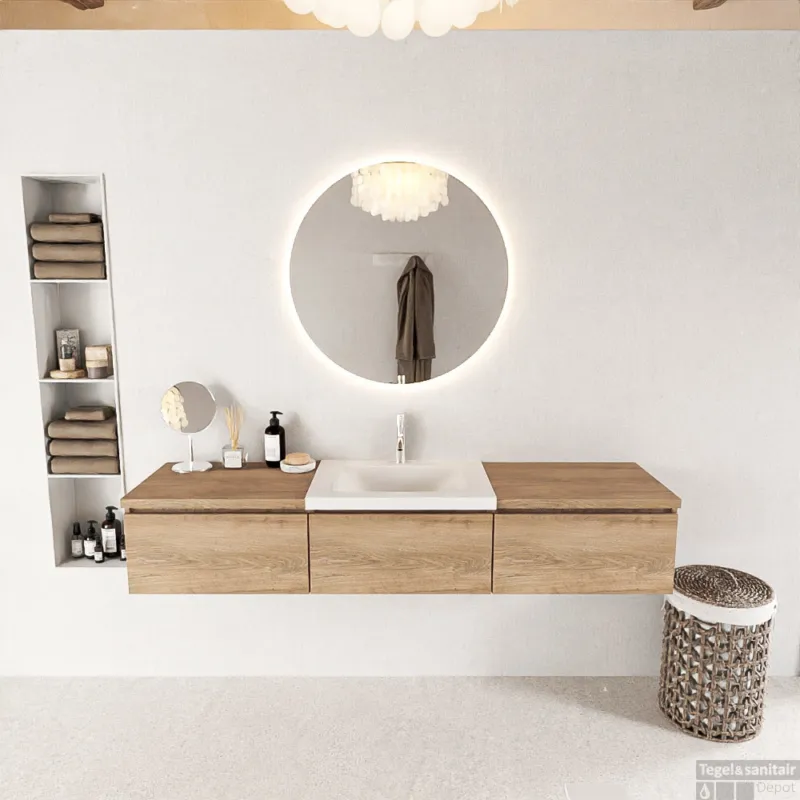 MONDIAZ BUKLA 180cm badmeubel met module 60 kleur Washed Oak met 3 lades. Wastafel CLOUD midden 1 kraangat kleur Talc. Koop Online