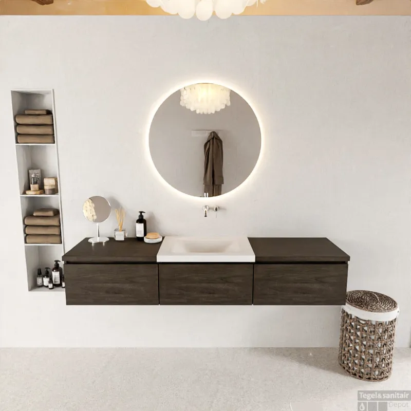 MONDIAZ BUKLA 180cm badmeubel met module 60 kleur Dark Brown met 3 lades. Wastafel CLOUD midden 0 kraangaten kleur Talc. Snelle Levering