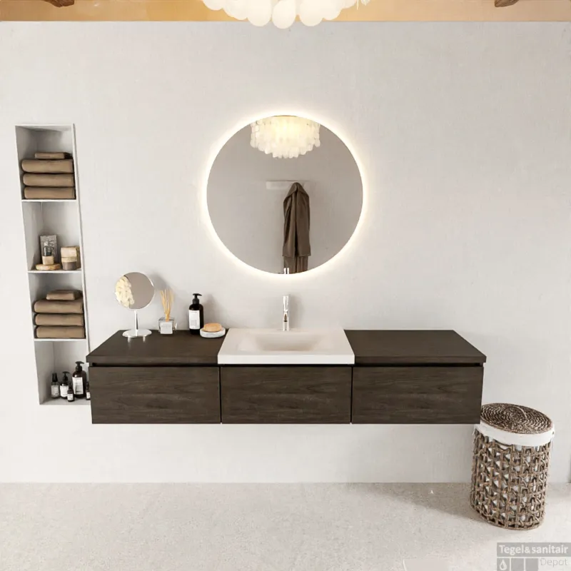 MONDIAZ BUKLA 180cm badmeubel met module 60 kleur Dark Brown met 3 lades. Wastafel CLOUD midden 1 kraangat kleur Talc. Hoge Kwaliteit