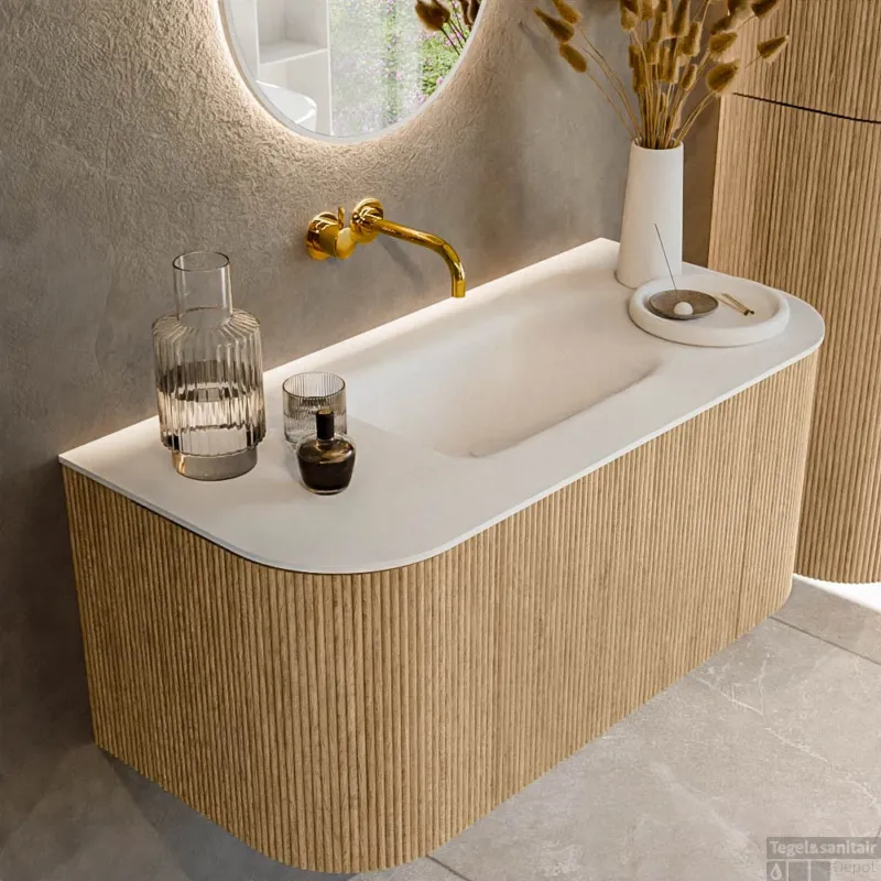 Gratis Retour Mondiaz KURVE 100 cm Onderkast Greeploos 1 Lade Met Deuren Oak, Wastafel Solid Surface MIdden Talc 0 Kraangaten Zonder Spiegel (KRVGRU100L+R1L2D0KM-Oak/Tal)