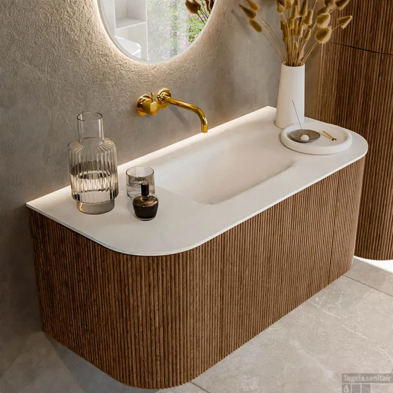 Mondiaz KURVE 100 cm Onderkast Greeploos 1 Lade Met Deuren Walnut, Wastafel Solid Surface MIdden Talc 0 Kraangaten Zonder Spiegel (KRVGRU100L+R1L2D0KM-Wal/Tal) Laatste Versie