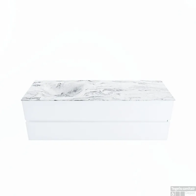 Gecertificeerd MONDIAZ VICA-DLUX 150cm badmeubel onderkast Talc 2 lades. Inbouw wastafel CLOUD links zonder kraangat, kleur Glace.