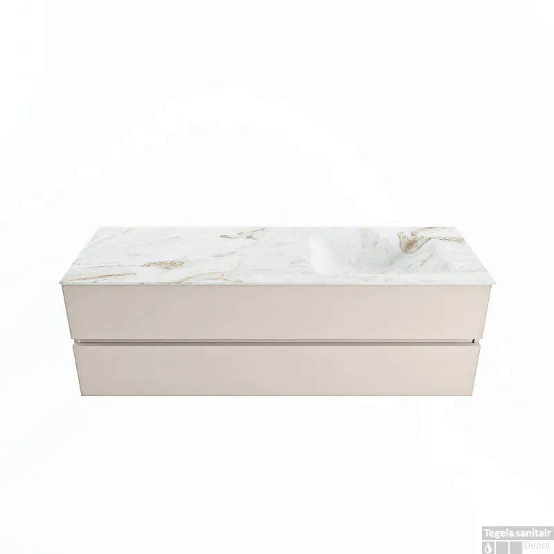 Uitverkoop MONDIAZ VICA-DLUX 150cm badmeubel onderkast Linen 2 lades. Inbouw wastafel CLOUD rechts 1 kraangat, kleur Frappe.