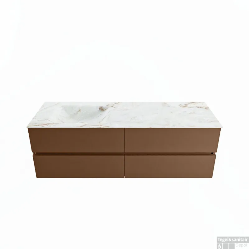 Merkproduct MONDIAZ VICA-DLUX 150cm badmeubel onderkast Rust 4 lades. Inbouw wastafel CLOUD links 1 kraangat, kleur Frappe.