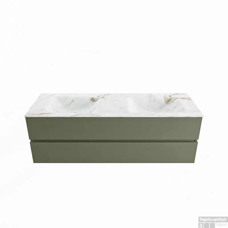 Aanbieding MONDIAZ VICA-DLUX 150cm badmeubel onderkast Army 2 lades. Inbouw wastafel CLOUD dubbel zonder kraangat, kleur Frappe.