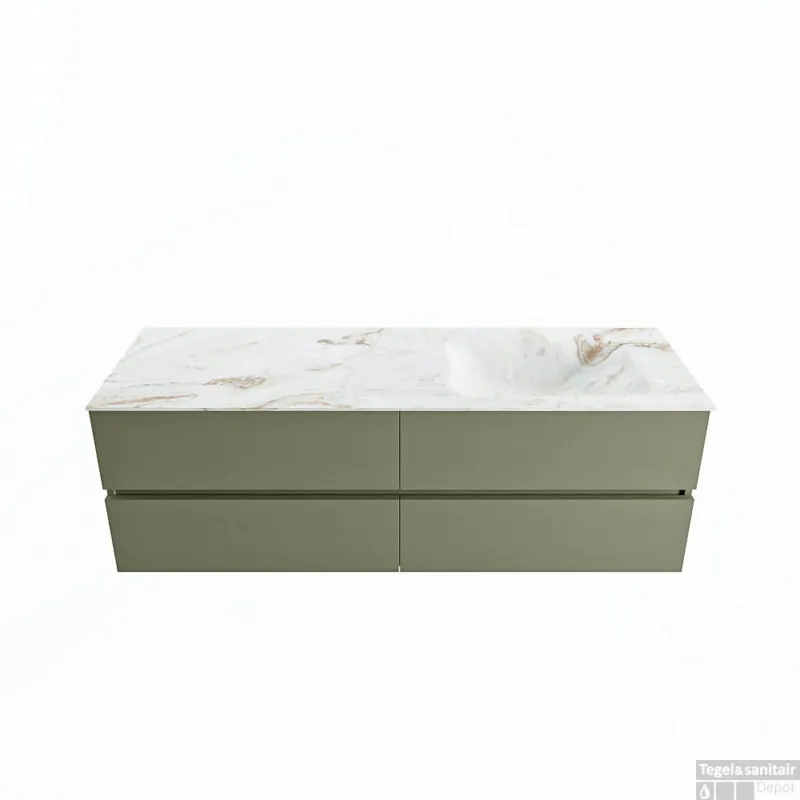 Exclusieve Aanbieding MONDIAZ VICA-DLUX 150cm badmeubel onderkast Army 4 lades. Inbouw wastafel CLOUD rechts 1 kraangat, kleur Frappe.