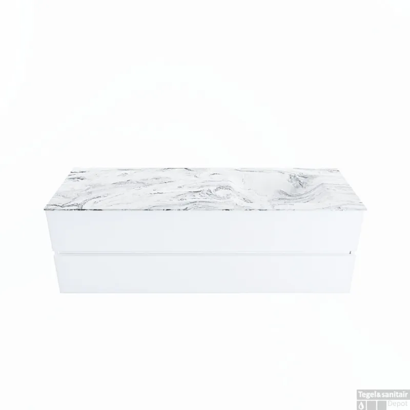 Koopje MONDIAZ VICA-DLUX 150cm badmeubel onderkast Talc 2 lades. Inbouw wastafel CLOUD rechts zonder kraangat, kleur Glace.