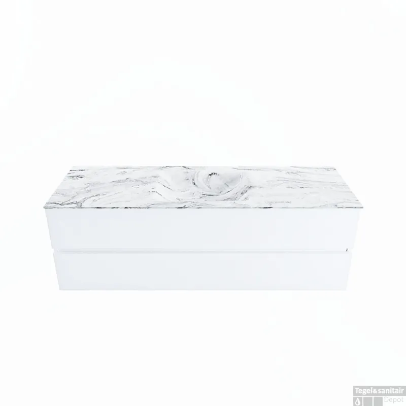 Goedkoop MONDIAZ VICA-DLUX 150cm badmeubel onderkast Talc 2 lades. Inbouw wastafel CLOUD midden 1 kraangat, kleur Glace.
