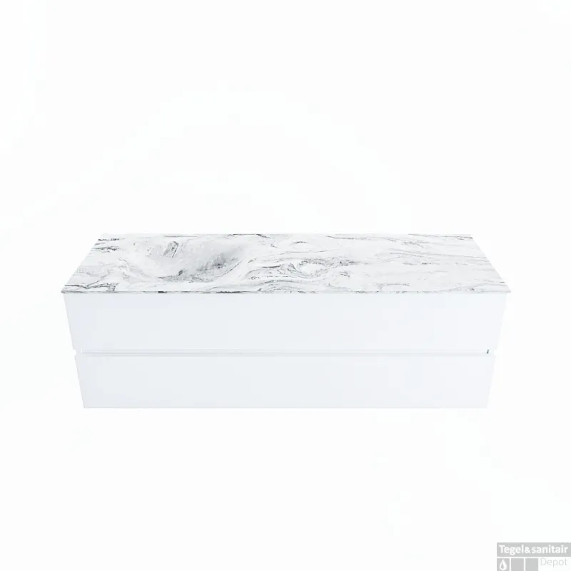 Direct Beschikbaar MONDIAZ VICA-DLUX 150cm badmeubel onderkast Talc 2 lades. Inbouw wastafel CLOUD links 1 kraangat, kleur Glace.