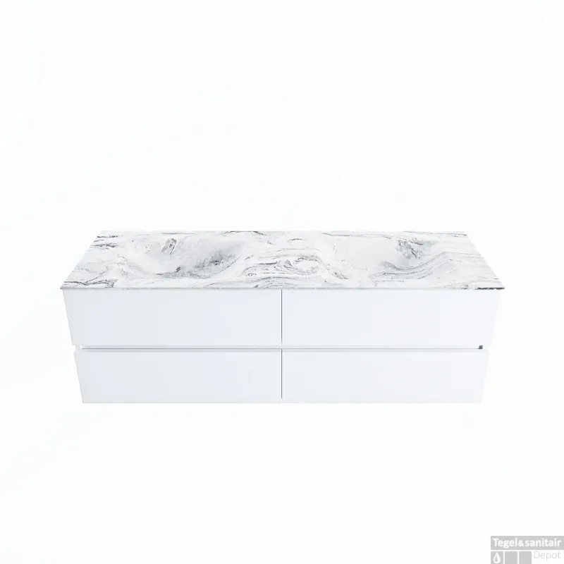 Laatste Versie MONDIAZ VICA-DLUX 150cm badmeubel onderkast Talc 4 lades. Inbouw wastafel CLOUD dubbel zonder kraangat, kleur Glace.