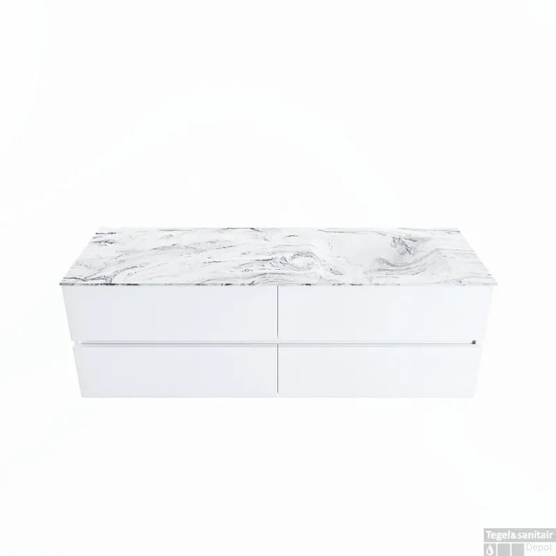 Lage Kosten MONDIAZ VICA-DLUX 150cm badmeubel onderkast Talc 4 lades. Inbouw wastafel CLOUD rechts 1 kraangat, kleur Glace.