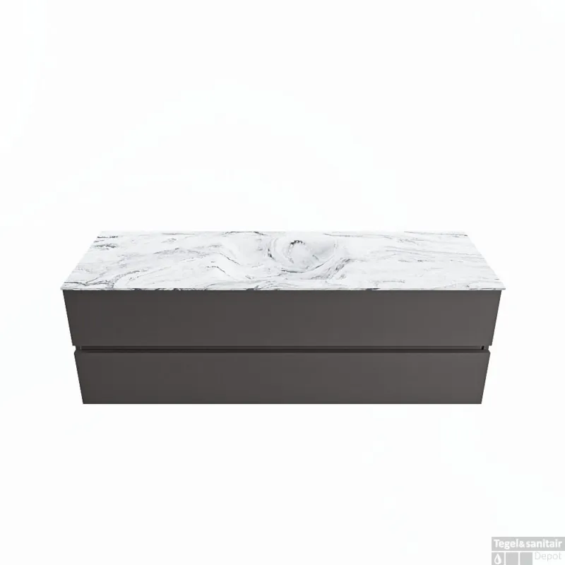 Korting MONDIAZ VICA-DLUX 150cm badmeubel onderkast Dark grey 2 lades. Inbouw wastafel CLOUD midden 1 kraangat, kleur Glace.