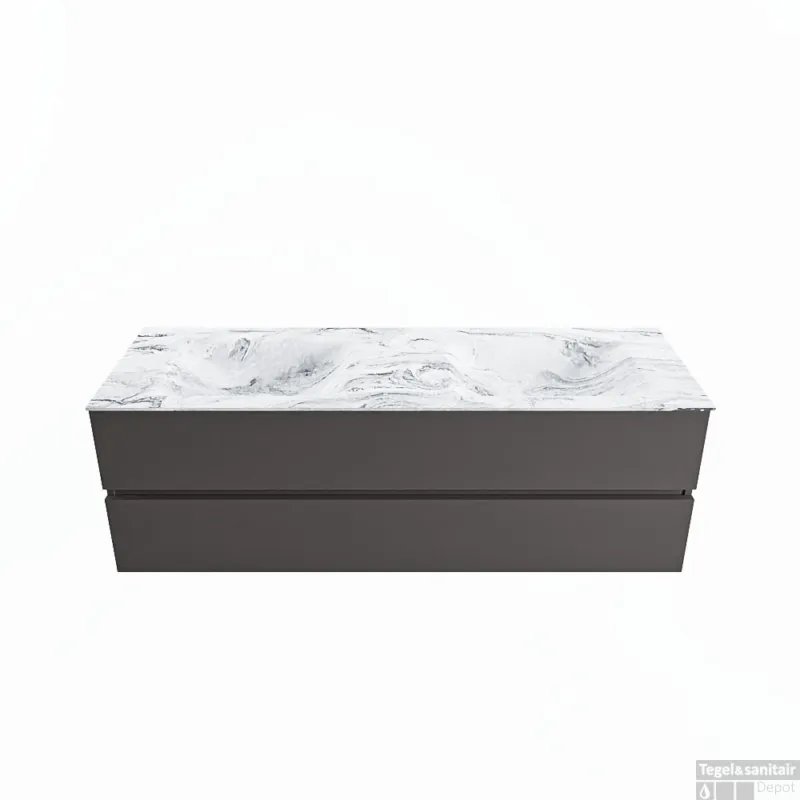 Voordeelprijs MONDIAZ VICA-DLUX 150cm badmeubel onderkast Dark grey 2 lades. Inbouw wastafel CLOUD dubbel 2 kraangaten, kleur Glace.