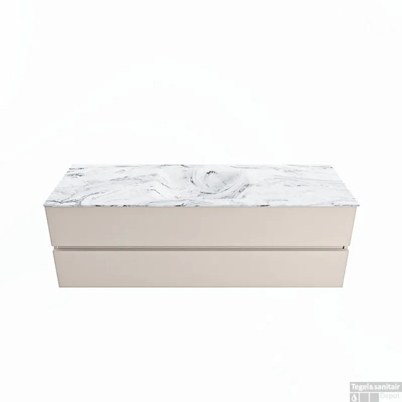 Voordeelprijs MONDIAZ VICA-DLUX 150cm badmeubel onderkast Linen 2 lades. Inbouw wastafel CLOUD midden 1 kraangat, kleur Glace.