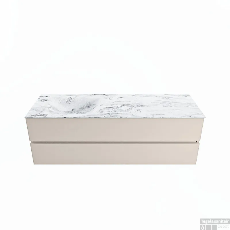 Betaalbaar MONDIAZ VICA-DLUX 150cm badmeubel onderkast Linen 2 lades. Inbouw wastafel CLOUD links 1 kraangat, kleur Glace.