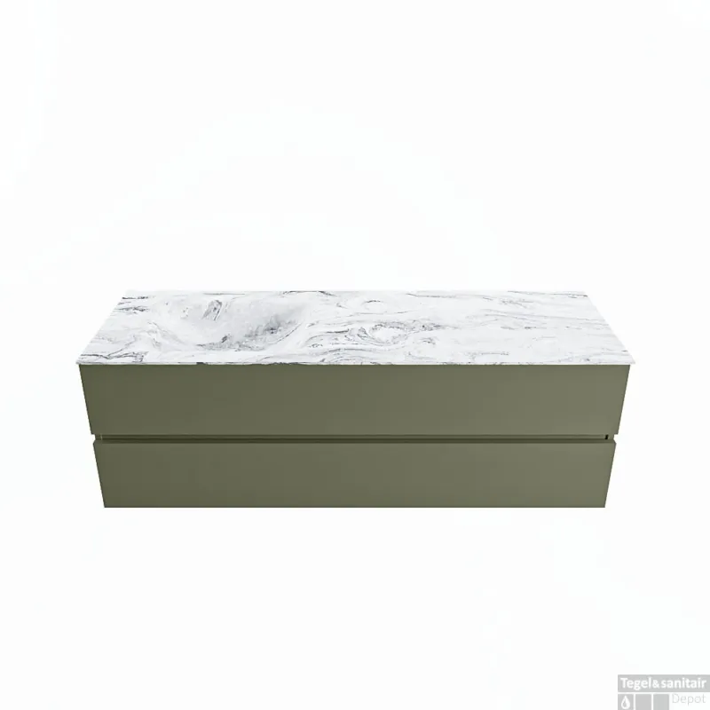 Merkproduct MONDIAZ VICA-DLUX 150cm badmeubel onderkast Army 2 lades. Inbouw wastafel CLOUD links zonder kraangat, kleur Glace.