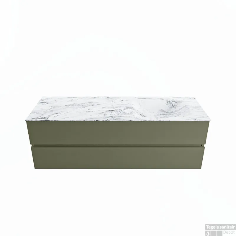 Lage Kosten MONDIAZ VICA-DLUX 150cm badmeubel onderkast Army 2 lades. Inbouw wastafel CLOUD rechts zonder kraangat, kleur Glace.