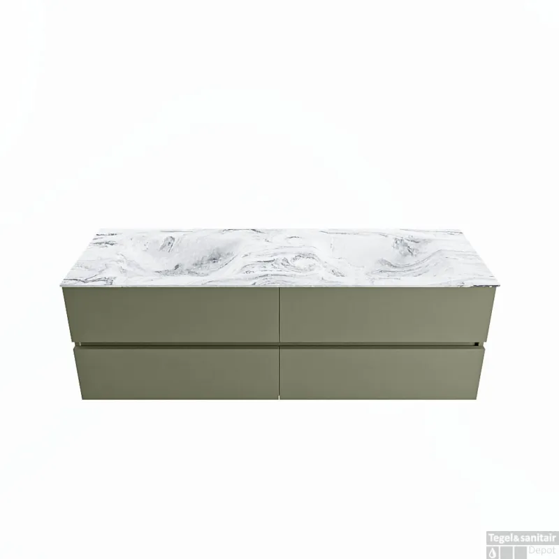 Beperkte Voorraad MONDIAZ VICA-DLUX 150cm badmeubel onderkast Army 4 lades. Inbouw wastafel CLOUD dubbel 2 kraangaten, kleur Glace.