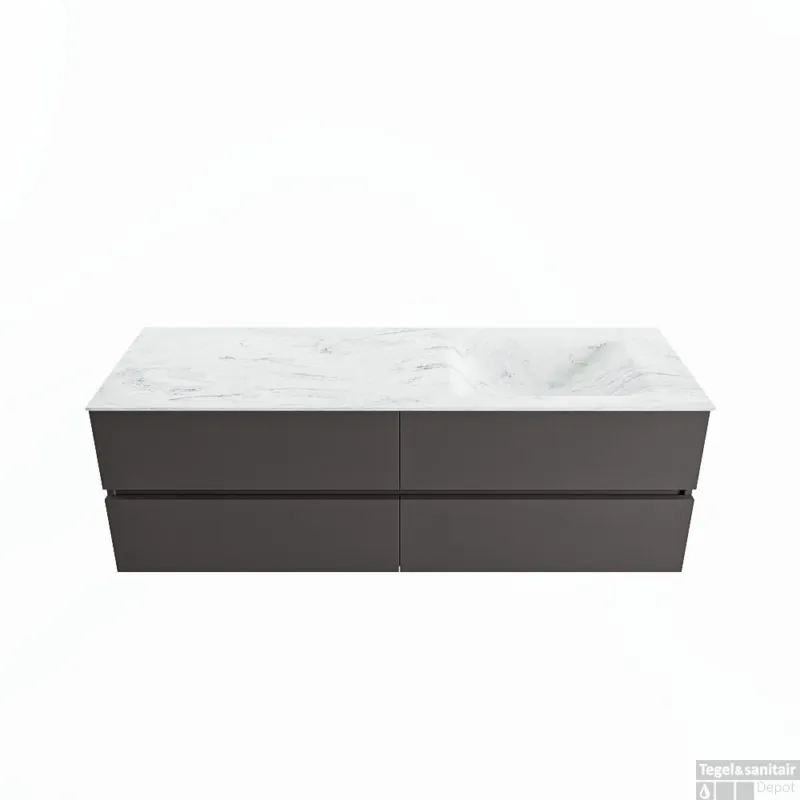 Op = Op MONDIAZ VICA-DLUX 150cm badmeubel onderkast Dark grey 4 lades. Inbouw wastafel CLOUD rechts zonder kraangat, kleur Opalo.