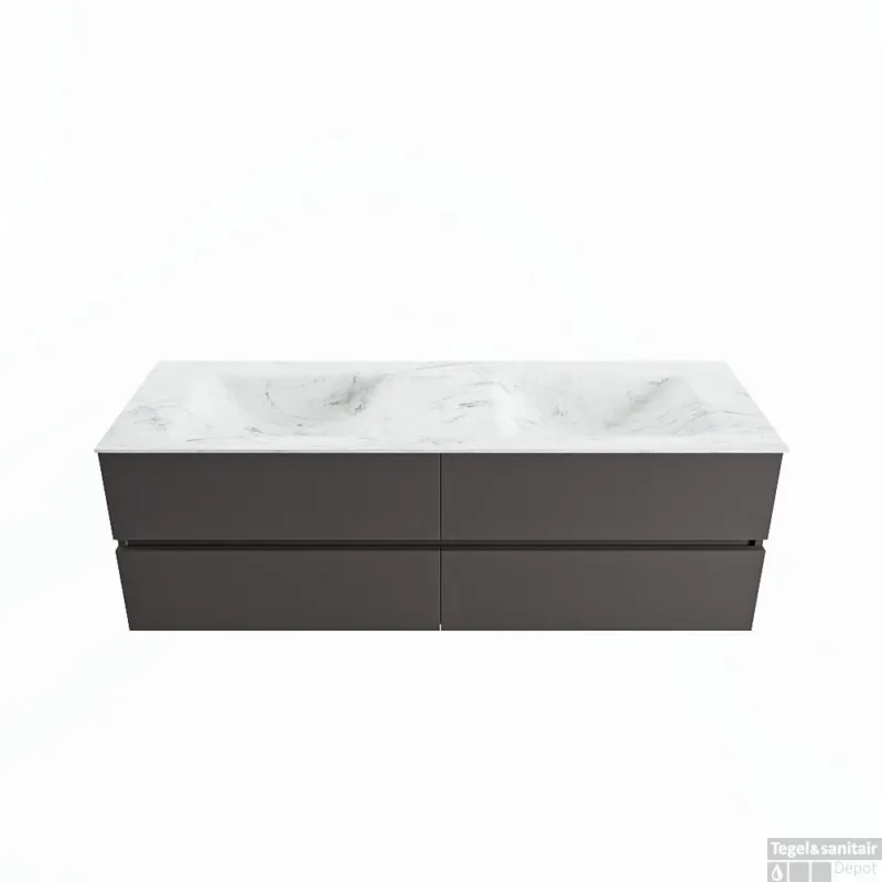 Beperkt Aanbod MONDIAZ VICA-DLUX 150cm badmeubel onderkast Dark grey 4 lades. Inbouw wastafel CLOUD dubbel zonder kraangat, kleur Opalo.