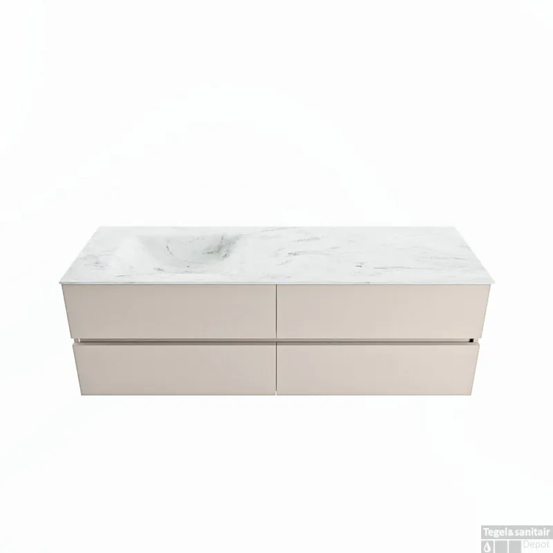 Laatste Kans MONDIAZ VICA-DLUX 150cm badmeubel onderkast Linen 4 lades. Inbouw wastafel CLOUD links zonder kraangat, kleur Opalo.