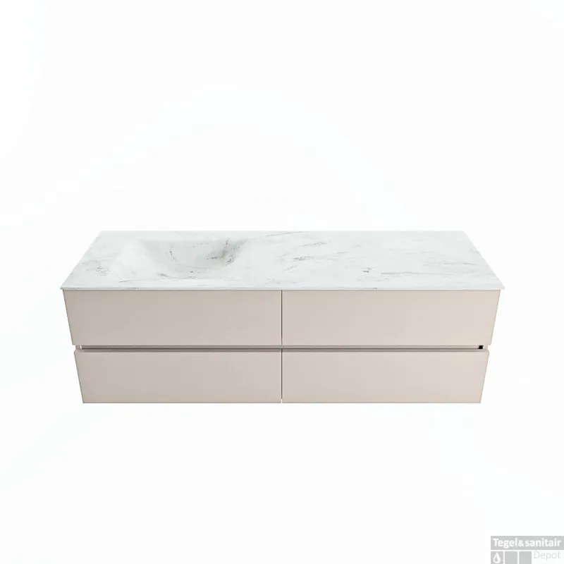 Rechtstreeks Van De Fabrikant MONDIAZ VICA-DLUX 150cm badmeubel onderkast Linen 4 lades. Inbouw wastafel CLOUD links 1 kraangat, kleur Opalo.